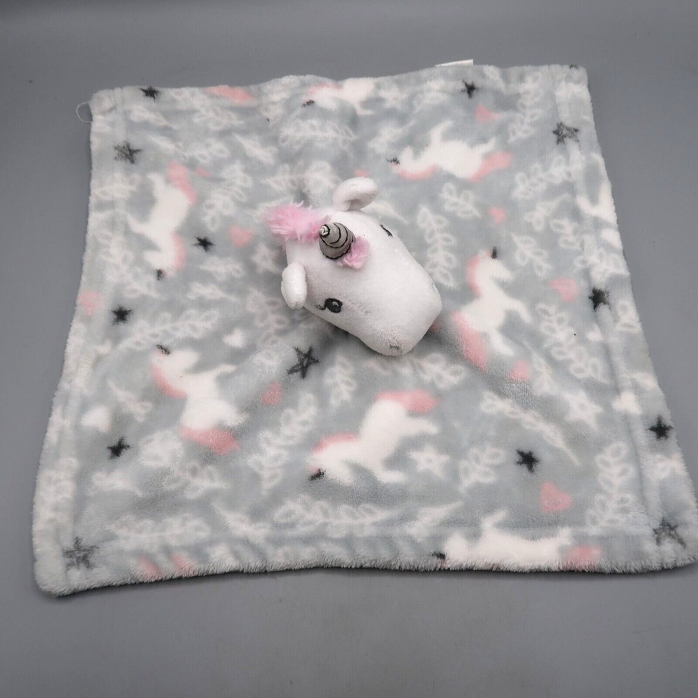 HB Hudson Baby Unicorn Lovey Gray‎ Pink White Plush Security Blanket 14" Toy